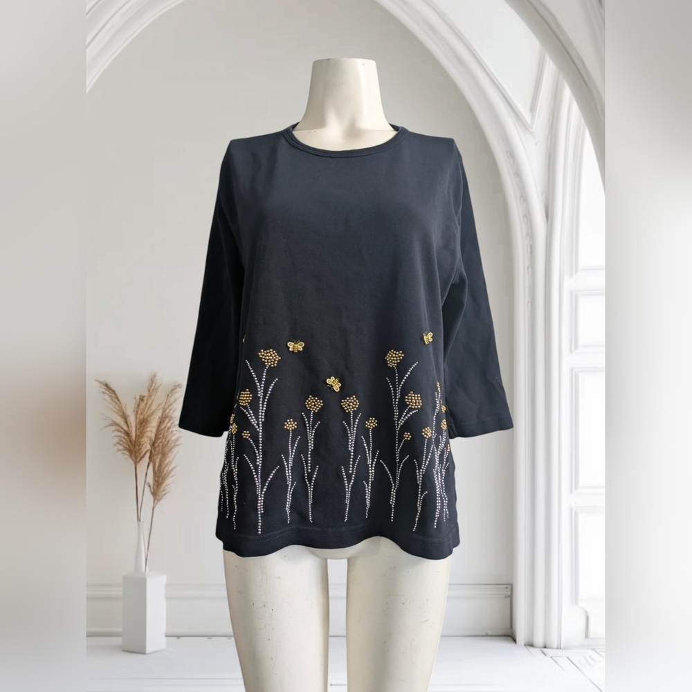 VTG Tia Designs Cotton Rhinestones Floral Embroidered Bees Embellish Top Blouse
